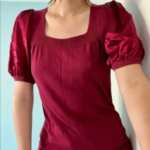 BCBGMaxAzria Garnet Knit Square Neck Blouse with Silk Puff Sleeves